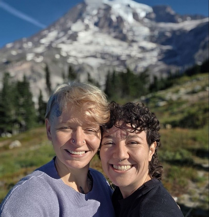 Shannon (Left) and Anna (right) taking a selfie with our beloved Mount Tahoma.